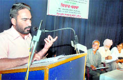 Dr Sarabjit Singh speaks at a seminar at the Desh Bhagat Yaadgaar Hall in Jalandhar