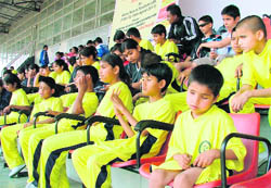 Visually challenged players seated during the Seventh National Blind Sports at the Guru Nanak Stadium in Ludhiana on Thursday