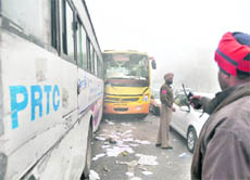 Three vehicles involved in a pile-up on Baddowal road in Ludhiana on February 3, 2011