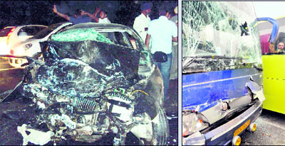 The mangled remains of a Lancer car. Two NRIs were killed when their car collided head-on with a Toyota Innova on April 6, 2011