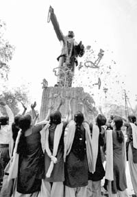 Schoolgirls pay floral tributes to Dr Bhim Rao Ambedkar on his 120th birth anniversary in Patna on Thursday
