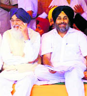 Punjab Chief Minister Parkash Singh Badal and Deputy Chief Minister Sukhbir Badal during a political conference in Talwandi Sabo on Thursday