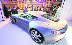An Aston Martin One-77 is displayed on a stage in Mumbai on Friday.