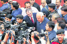 Union Minister for New and Renewable Energy Farooq Abdullah, along with Chief Minister Omar Abdullah, speeks to mediapersons outside the Gandhi Nagar Hospital in Jammu on Friday. 