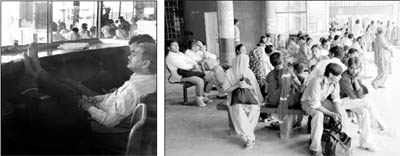An official of the Haryana Roadways sits in a relaxed mood at the enquiry counter; and (right) passengers wait for their bus at the interstate bus terminus at Sector 5 in Panchkula