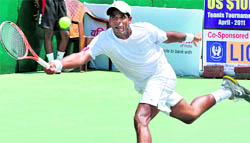 Vishnu Vardhan makes a forehand return during the final of the Union Bank ITF Men's Futures Tennis Tournament in Chandigarh on Saturday