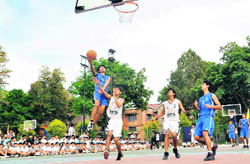 A match in the All-India Afzal Khan Memorial Basketball Tournament being played at Doon School, Dehradun, on Saturday