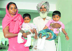 Siblings Ashpreet and Husanpreet, who were operated upon to treat polio, in Ludhiana on Saturday.