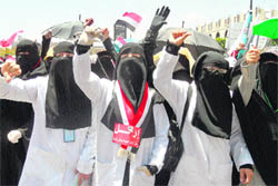 Yemeni women shout slogans during an anti-government demonstration demanding the resignation of Yemeni President Ali Abdullah Saleh