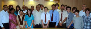 Haryana CM Bhupinder Singh Hooda with students from the UK in New Delhi on Sunday.