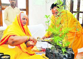 Shantikunj Gayatri family head Shail Jiji performs rites of saplings prior to planting of 11,000 trees saplings on very first day of ambitions 1 crore project in Haridwar on Sunday