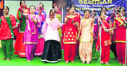 Students present gidha during a seminar at Kilaraipur, near Mandi Ahmedgarh