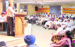 RL Sidhu, president, Dr Ambedkar Mission Employees Federation, Punjab, addresses a gathering to mark the birth anniversary of Dr BR Ambedkar in Ludhiana on Sunday