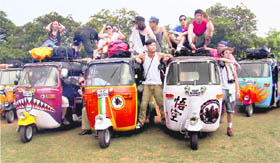 Participants of the Rickshaw Run, a five-year-old charity event, in Kochi on Sunday. As many as 180 adventurers from 19 countries took off for the ride of a lifetime from the southern tip of the country to its northern extreme. The journey is expected to cover nearly 5,000 km.