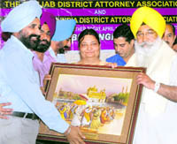 Education Minister Sewa Singh Sekhwan, who is also the chief patron of the Punjab District Attorney Association, being honoured by the members of the association during a state-level function in Jalandhar