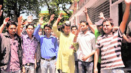 Members of the ABVP hold a demonstration outside the office of the District Magistrate in Dehradun on Monday.