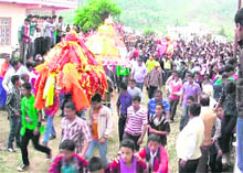 Local deities being taken in procession in the Soar valley of Pithoragarh on Monday