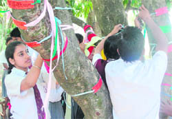 Children pledge their support to the protection of the environment on World Heritage Day at a function at Jaswant Modern Senior Secondary School in Dehradun