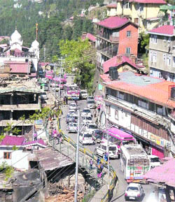 A view of a traffic jam on the Cart Road near the gurdwara in Shimla on Tuesday.