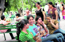 Girls enjoy at the student centre, Panjab University, Chandigarh