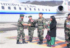 Army Chief General VK Singh (extreme left) being received by Lt-Gen KT Parnaik, Army Commander, Northern Command, and Lt-Gen Ravi Dastane, GOC, Fire and Fury Corps, at Leh on Wednesday