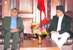 External Affairs Minister SM Krishna (left) with Nepal Prime Minister Jhalanath Khanal during their meeting in Kathmandu on Wednesday.