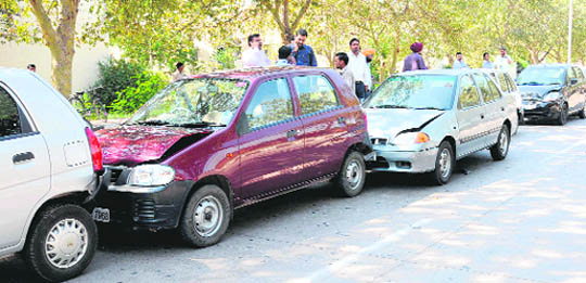 A total of six cars piled up around 9.45 am on the road separating Sectors 31 and 32 in Chandigarh on Thursday.