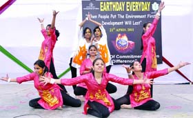Students of Delhi Public School, Mathura Road, take part in an awareness programme to celebrate World Earth Day in New Delhi on Thursday