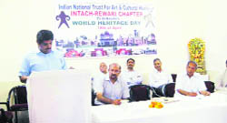 Deputy commissioner Ajit Balaji Joshi addresses the gathering during a seminar on the World Heritage Day in Rewari