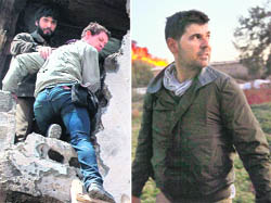 British photographer Tim Hetherington (left) climbing from a building and US Getty photographer Chris Hondros walking in Misrata. Tim, an Oscar-nominated British film director and photographer, and Chris, both 41, were killed and two other Western journalists were wounded in a mortar attack in Misrata on Wednesday