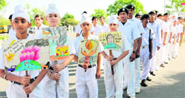 NCC cadets take out an awareness rally, spreading the message of protection of environment, in Chandigarh on Friday.