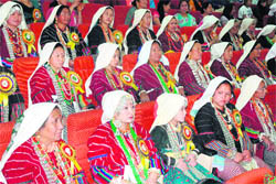 Tribal Rang community women attired in their traditional dress at Pithoragarh on Friday
