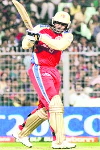 Royal Challengers Chris Gayle plays a shot against Kolkata Knight Riders in Kolkata on Friday