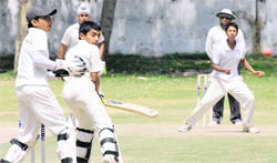Players of Vampire XI and APJ XI in action during the U-16 APJ league match at GMSSS-19 in Chandigarh on Saturday.