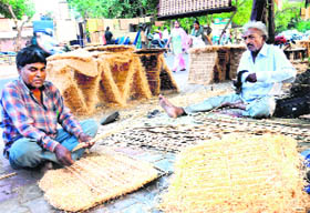 Workers prepare hay pads used in air coolers at Sector 22, Chandigarh.