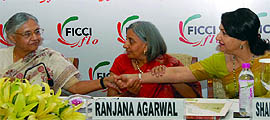 Sheila Dikshit, FLO president Ranjana Agarwal and Sharmila Tagore at the 27th annual session of FLO in New Delhi.