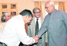 Governor NN Vohra interacts with the Central interlocutors at Raj Bhawan in Jammu on Saturday