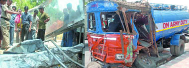 The site of the accident at Satya Niketan bus stand in Dhaula Kuan, (R) the mangled remains of the tanker on Sunday.