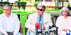 The Centres interlocutors  (from left) MM Ansari, Dileep Padgaonkar and Radha Kumar  address mediapersons in Jammu on Sunday.