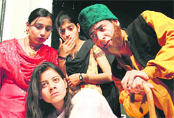 A scene from the play, Khudkushi, that was staged at the Natrang Theatre in Jammu on Sunday.