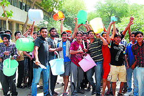 Boarders of Giani Zail Singh College of Engineering and Technology, Bathinda, protest outside their hostel demanding restoration of water supply. They alleged that the water supply had been disrupted for the last two days causing great inconvenience to them.