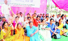 People from Tehri district stage a demonstration in front of the office of the Forest Department in Dehradun on Monday. 