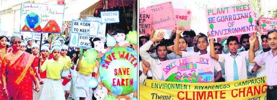 Schoolchildren take out awareness rallies on the occasion of World Earth Day in Gurgaon (left) and Fardiabad
