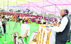 Chief Minister PK Dhumal addresses a teachers conference at Raili Jajhari in Hamirpur district on Sunday.