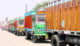 A long queue of trucks loaded with wheat bags, rejected by the FCI, at Dana Mandi, Gill Road. 