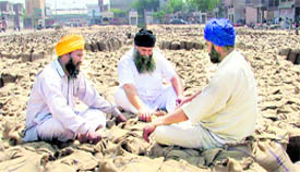 Farmers wait for the lifting of their produce at the Jalandhar bypass grain market.