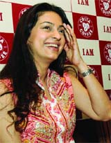 Actor Juhi Chawala at a press conference to launch a soft drink, Ice Cold Costa, in New Delhi