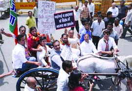 President of Delhi BJP Vijendra Gupta with party activists protest against price rise and corruption in New Delhi