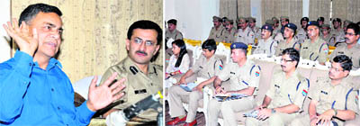 Uttarakhand police chief Jyoti Swaroop Pandey briefs Garhwal circle police officers on the coming Char Dham Yatra at Damkoti, Haridwar, on Tuesday