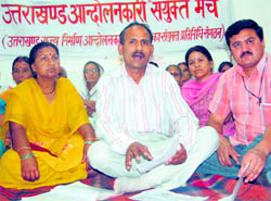 Members of the Uttarakhand Andolankari Sanyukt Manch address a press conference in Dehradun on Tuesday